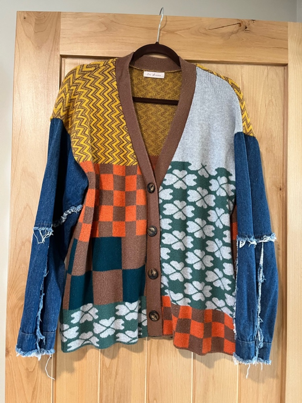 Ces Femme Patchwork Floral & Check Cardigan with Denim Sleeves Size S